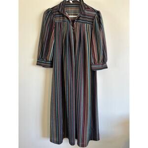 Vintage 70s Stripe Prairie Midi Dress Puff Sleeve Boho Cottagecore